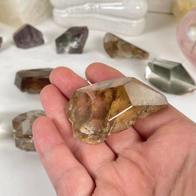 Garden Quartz Lodalite Polished Crystal Prism in a hand for size reference