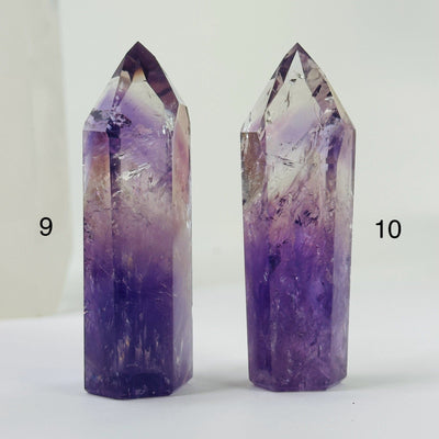 amethyst points with decorations in the background