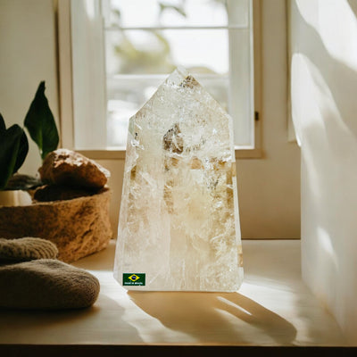 crystal quartz point with decorations in the background