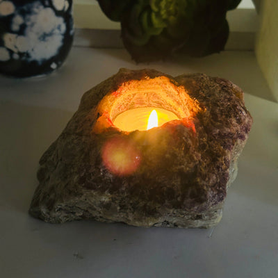 Lepidolite Rough Crystal Candle Holder - You Choose variant 1 with candle lit