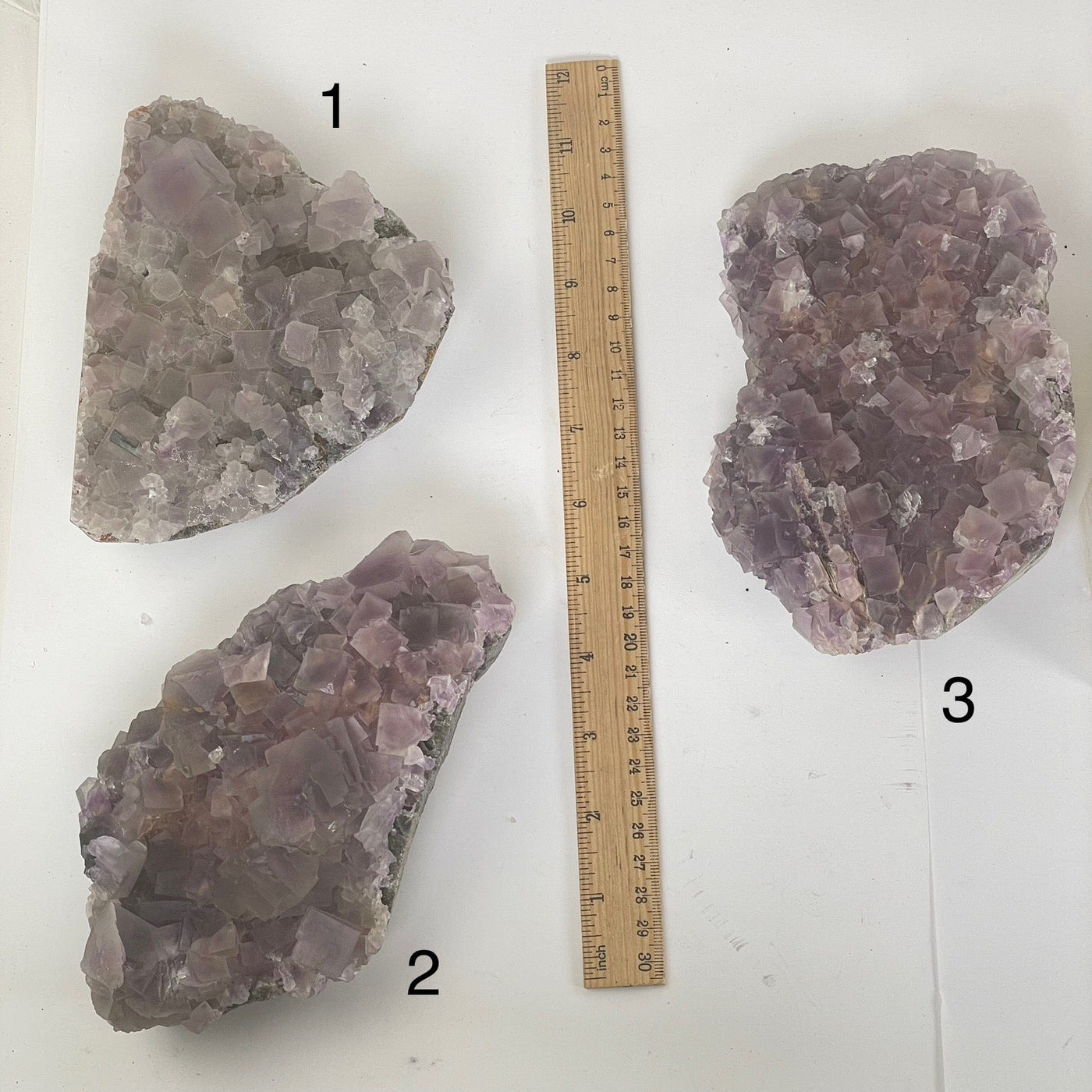 Purple Cubic Fluorite Crystal Cluster on Matrix - You Choose all three variants with ruler for size reference