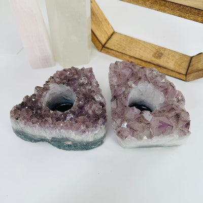 amethyst candle holder with decorations in the background