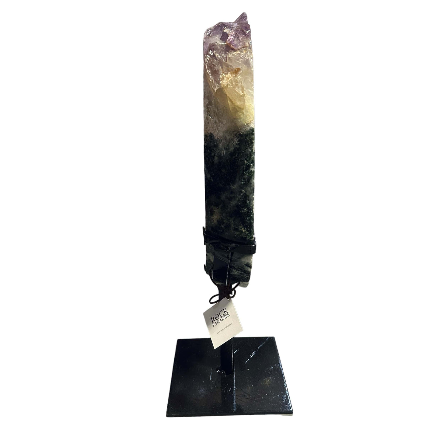 amethyst with jasper on metal stand on white background