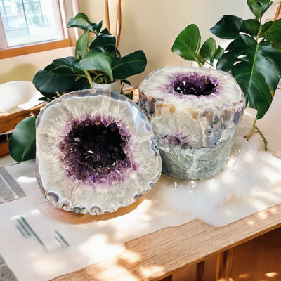 amethyst cathedral box with decorations in the background