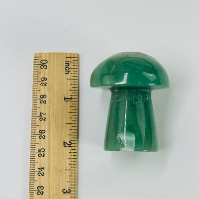 aventurine mushroom next to a ruler for size reference