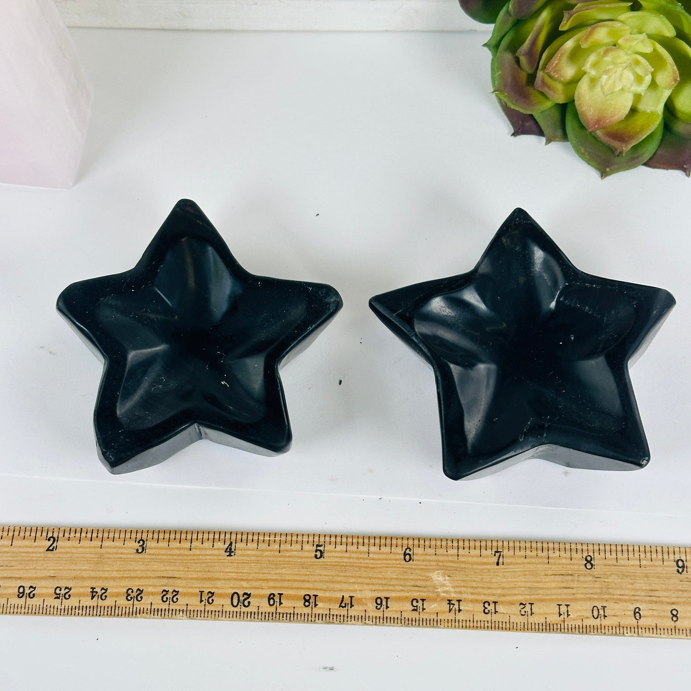 Black Obsidian Crystal Star Dish - You Choose both variants with ruler for size reference