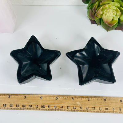 Black Obsidian Crystal Star Dish - You Choose both variants with ruler for size reference