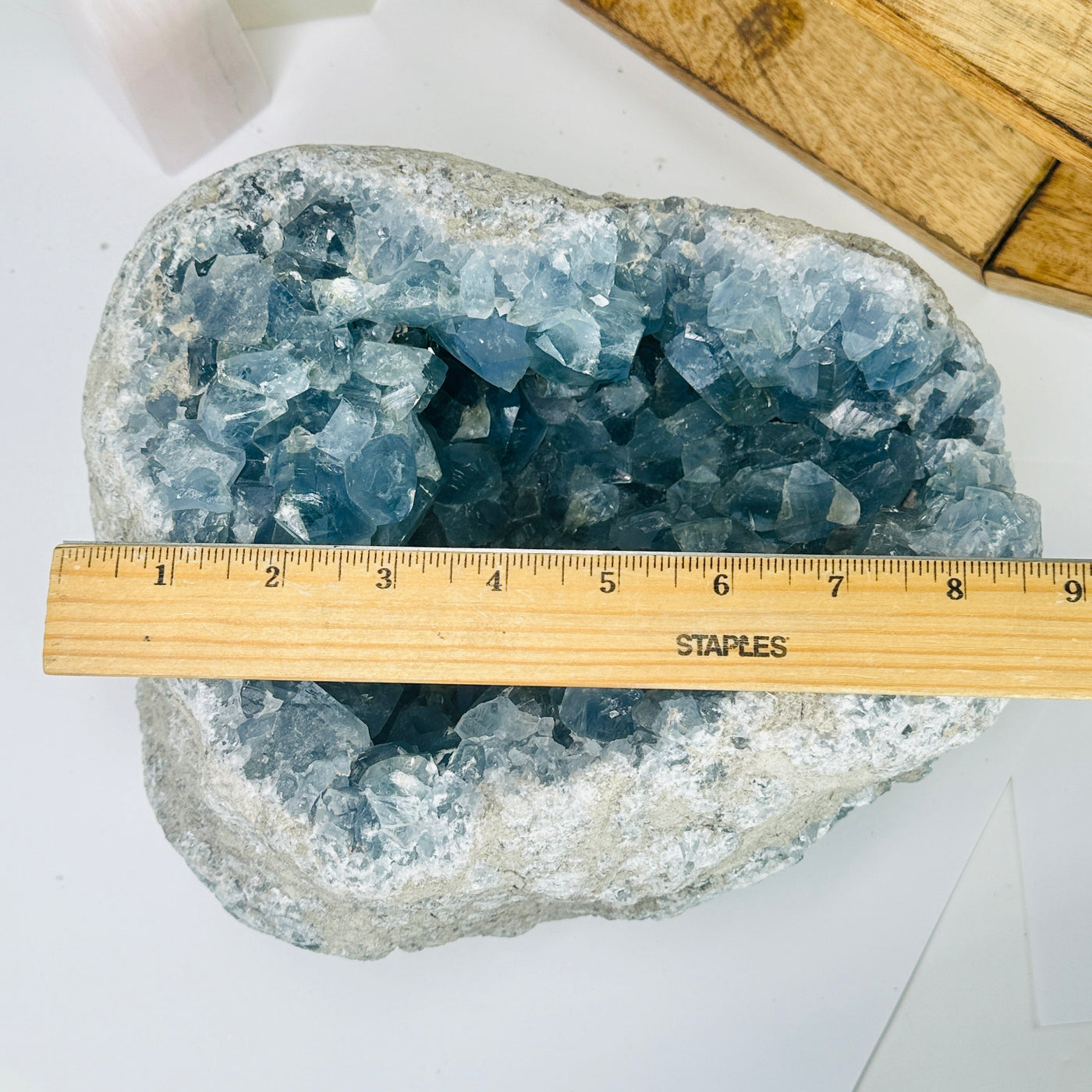 Celestite next to a ruler for size reference