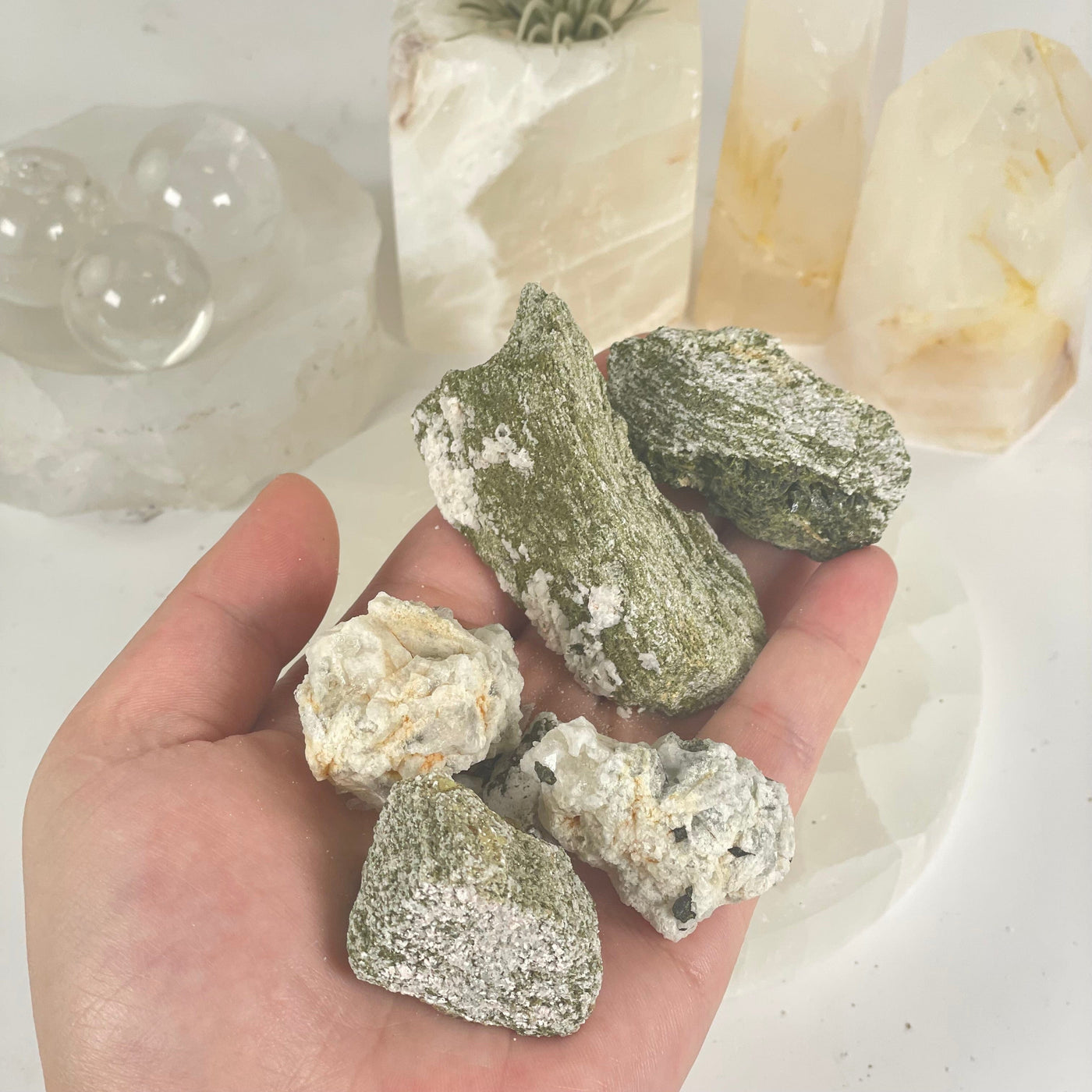 Epidote Small Crystal Clusters on Matrix - You Get All in hand for size reference