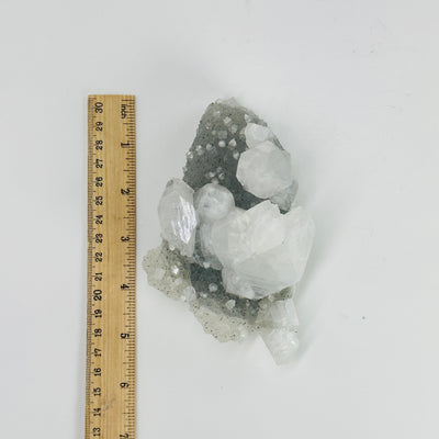 zeolite with apophyllite next to a ruler for size reference