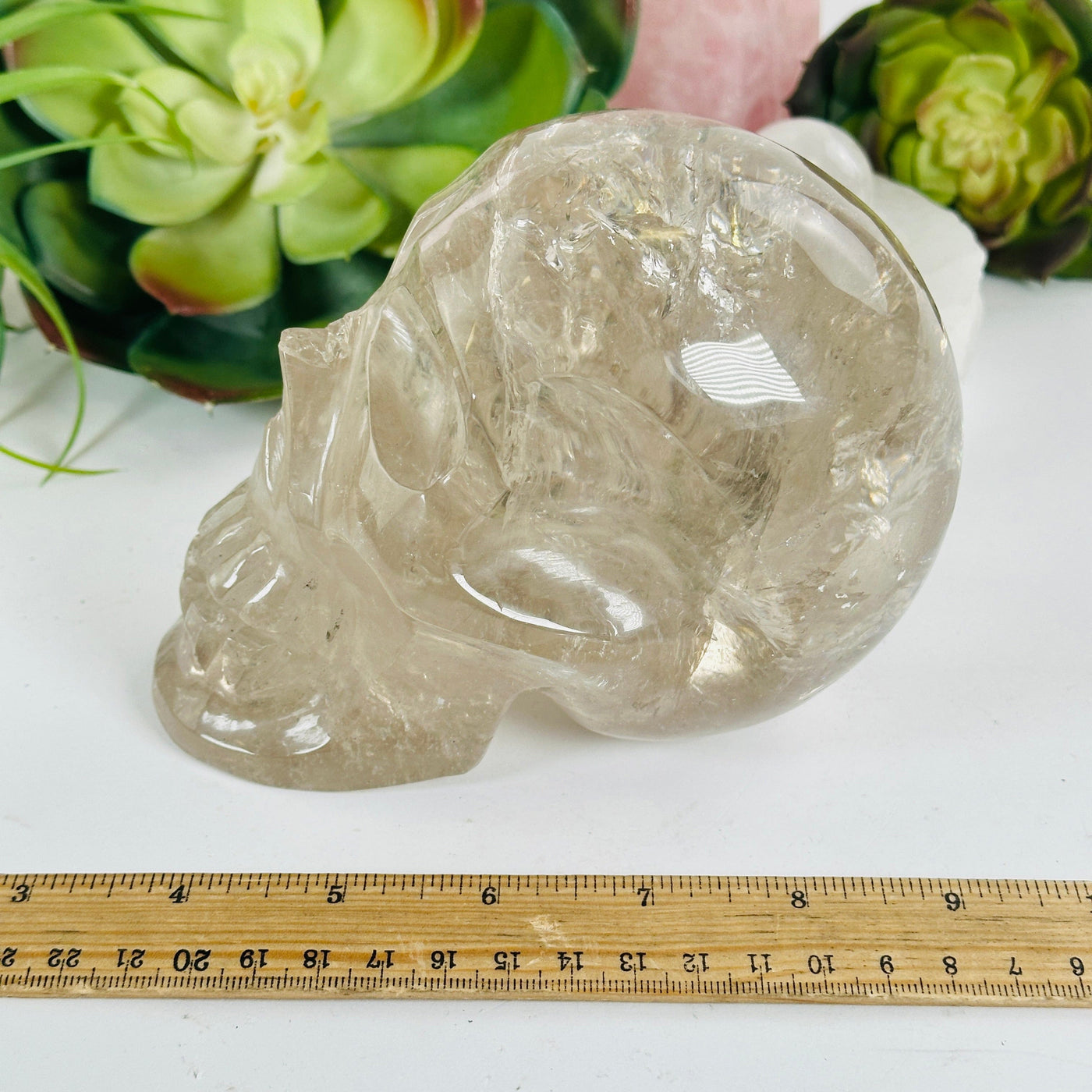 Crystal Quartz Skull Sculpture - As Is with ruler for size reference