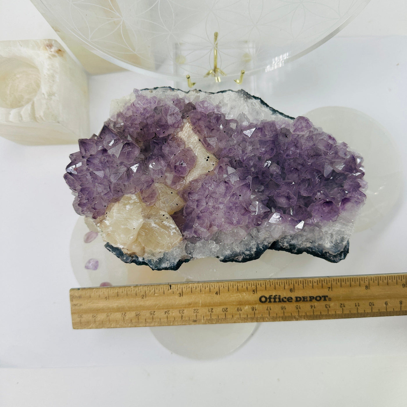 Raw Amethyst Cluster with Calcite - natural amethyst top view with ruler for size reference
