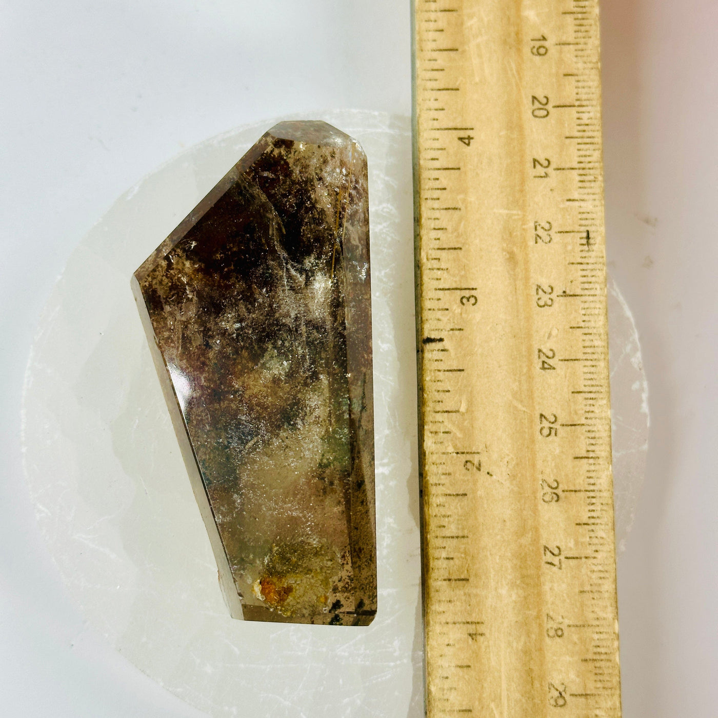 Smokey Quartz Crystal with Rutile Inclusions Polished Freeform - OOAK front view next to ruler for size reference