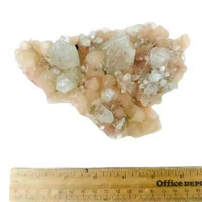 Peach Stilbite with Green Apophyllite - Zeolite Crystal Formation with ruler for size reference