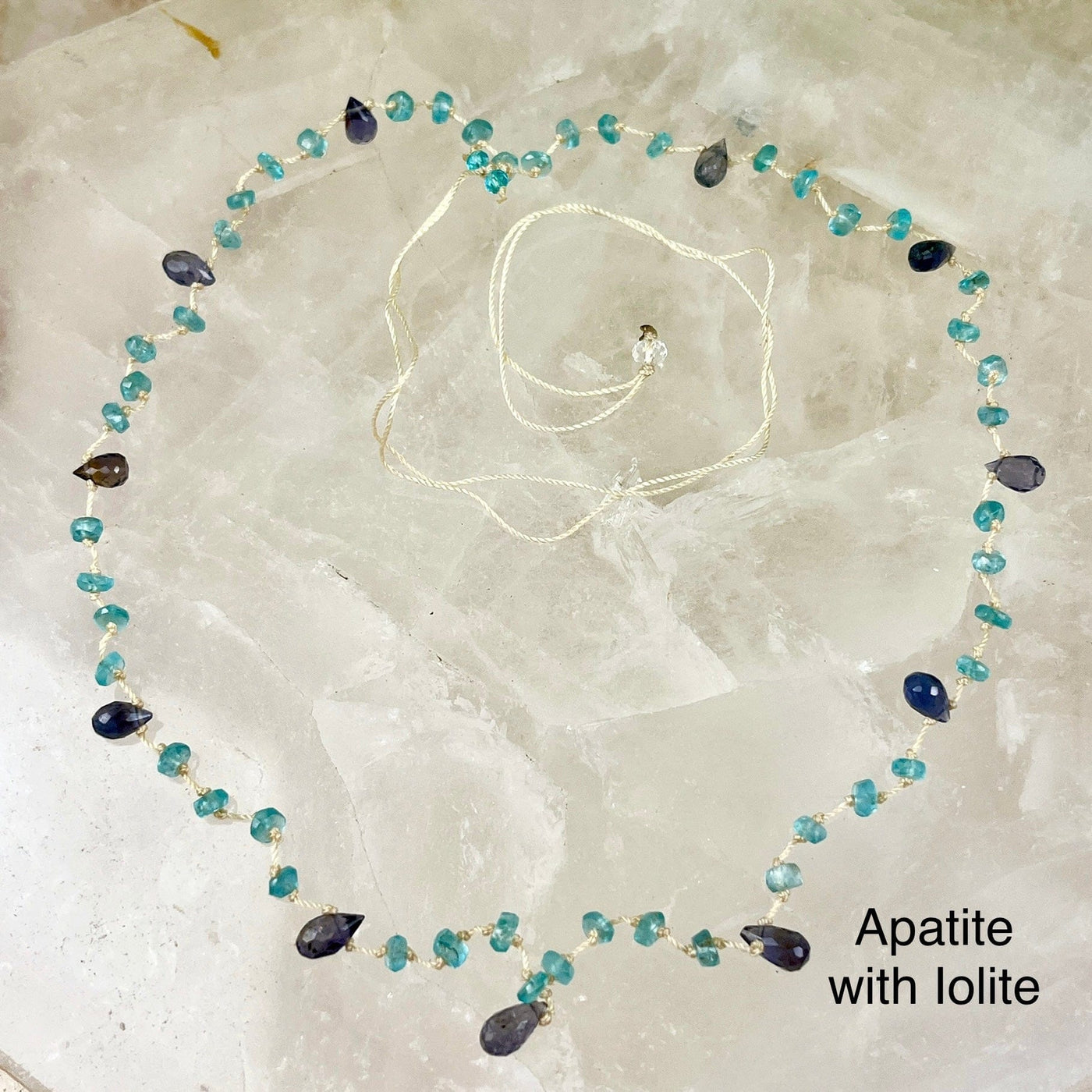 Gemstone Knotted Necklace - Adjustable - 16" - 30" Apatite with Iolite necklace labeled