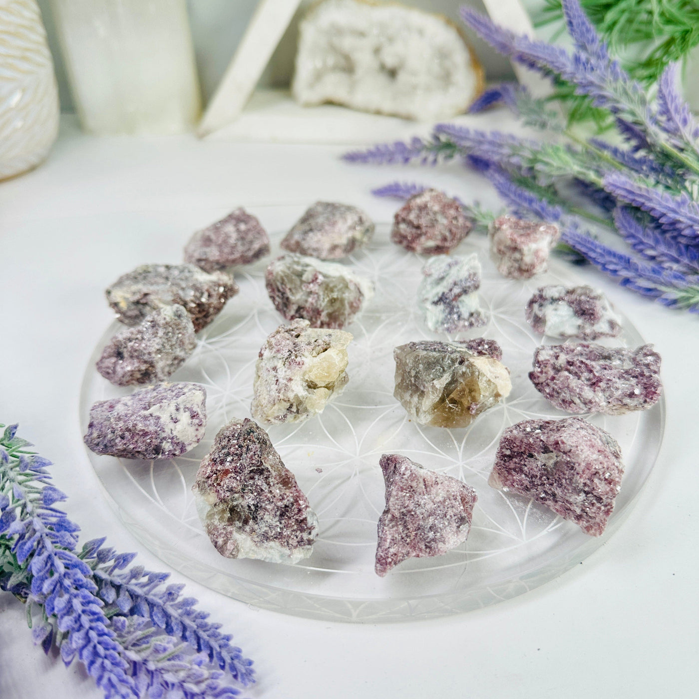 Lepidolite Chunks - Rough Stone - Natural Crystal - You Get All arranged on flower of life dish