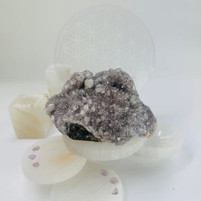 Raw Amethyst Cluster with Mica - light purple amethyst with mica and calcite front view
