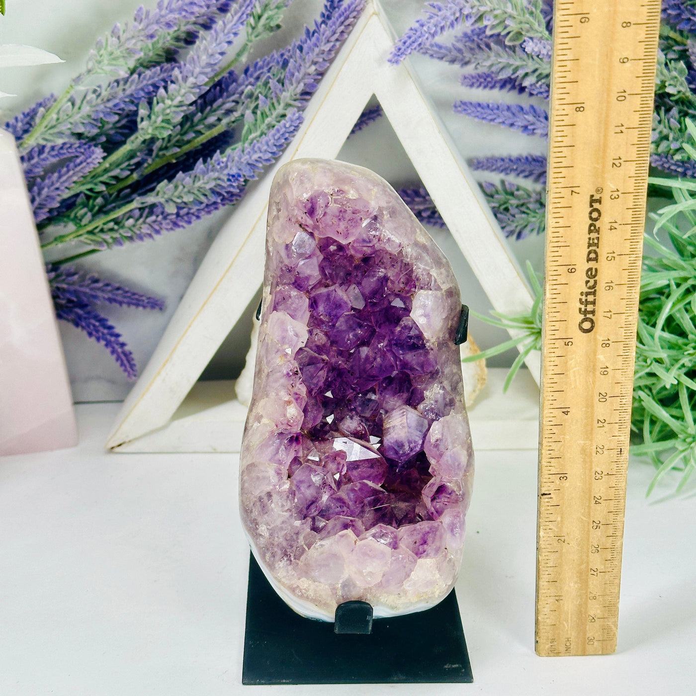 Amethyst Cluster on Black Metal Stand - Polished Crystal Cluster with ruler for size reference