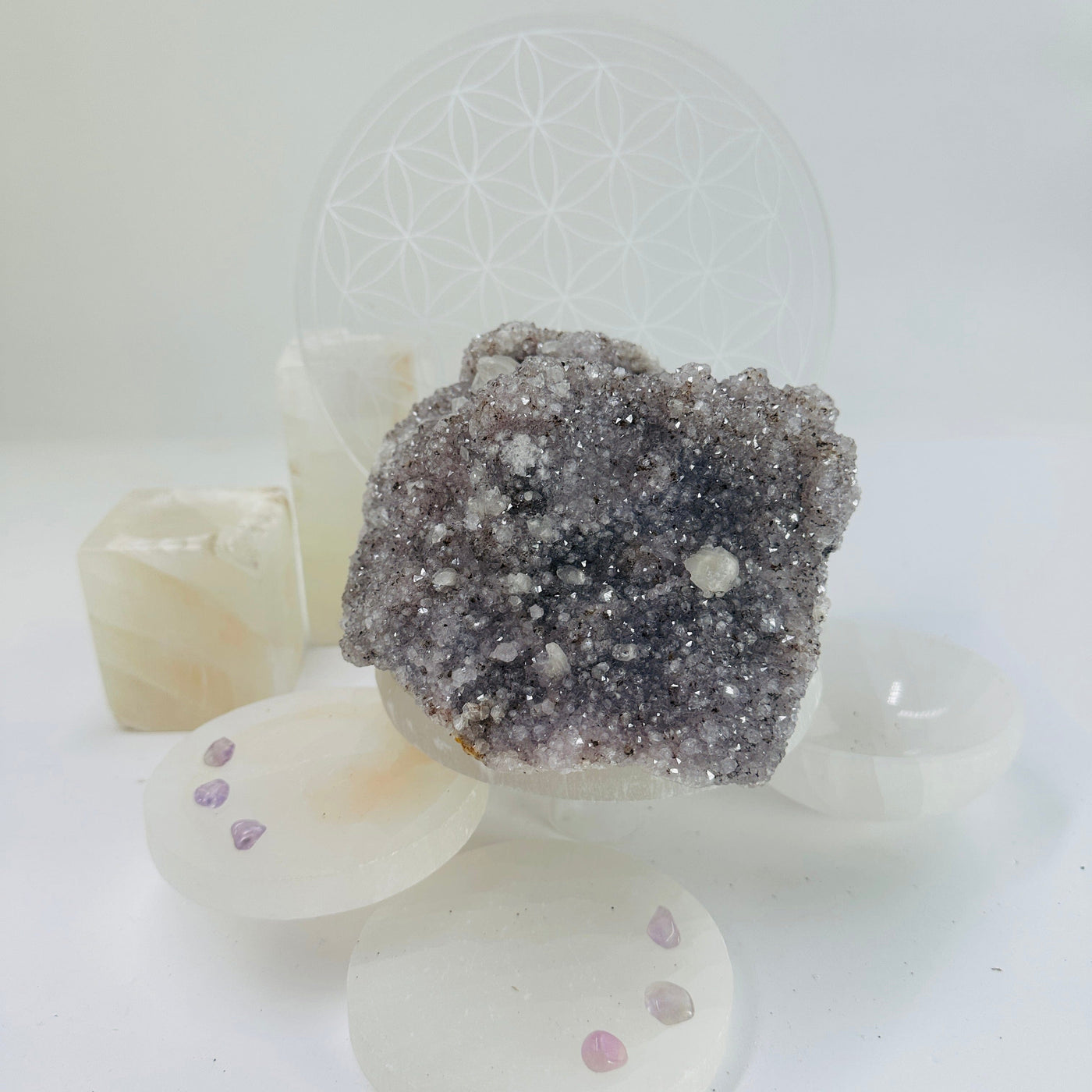 Raw Amethyst Cluster with Mica - light purple amethyst with mica and calcite side view