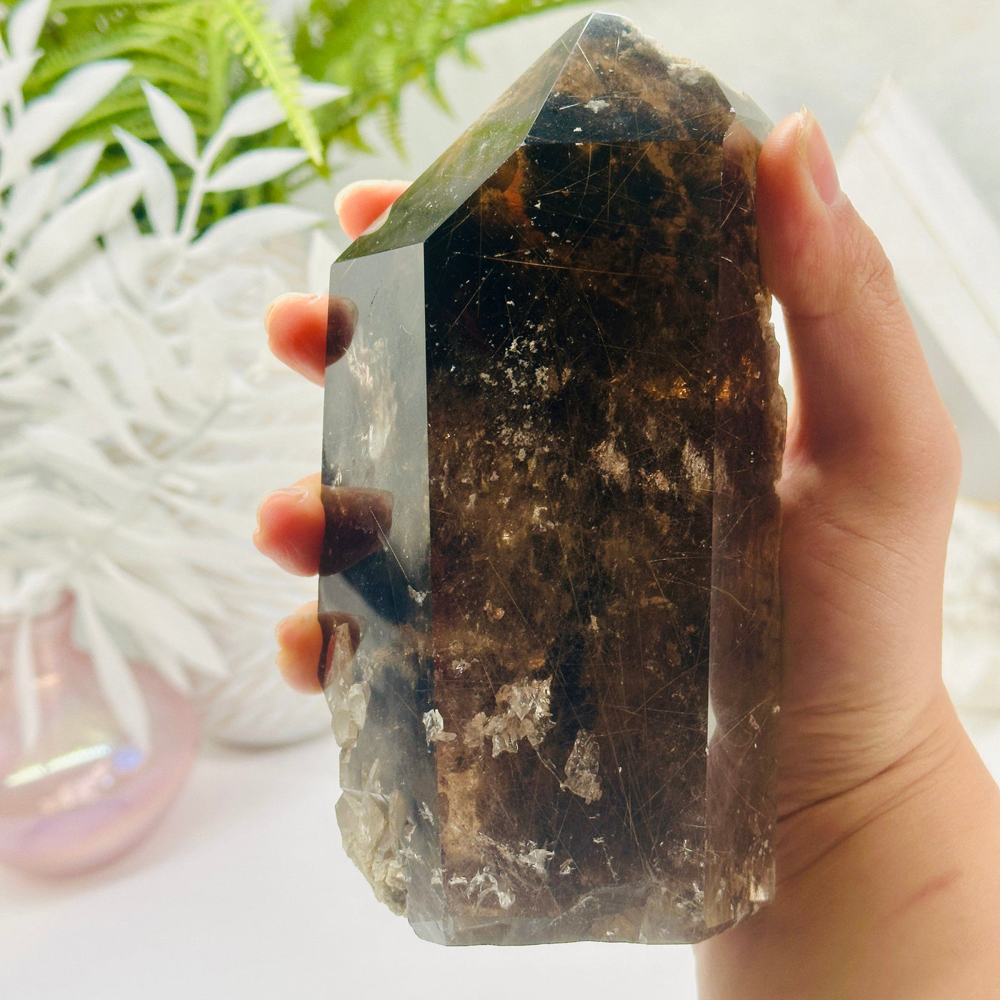 Rutilated Smokey Quartz - Large Crystal Point - OOAK in hand for size reference