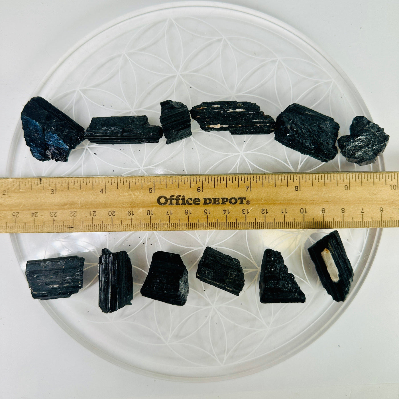 Black Tourmaline - Natural Rough Crystals - You Get All top view with ruler for size reference