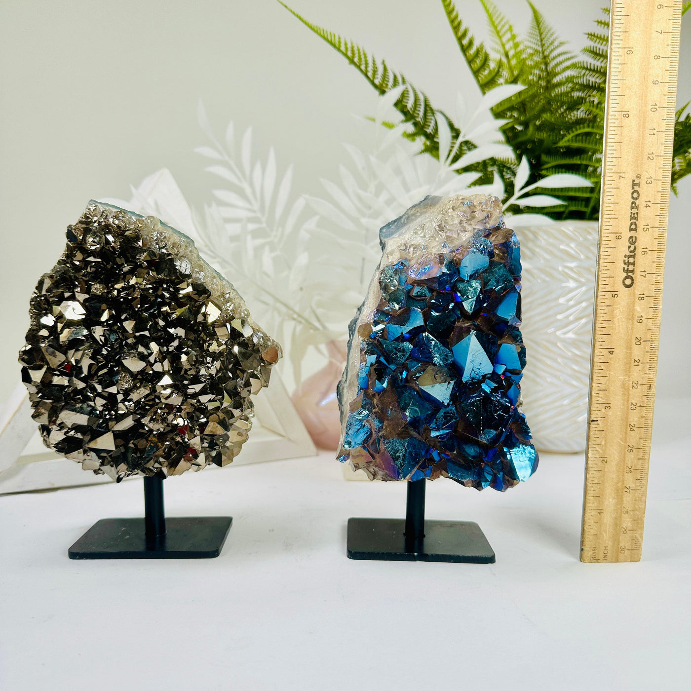 Amethyst Titanium Cluster on Stand - You Choose variants A B next to ruler for size reference