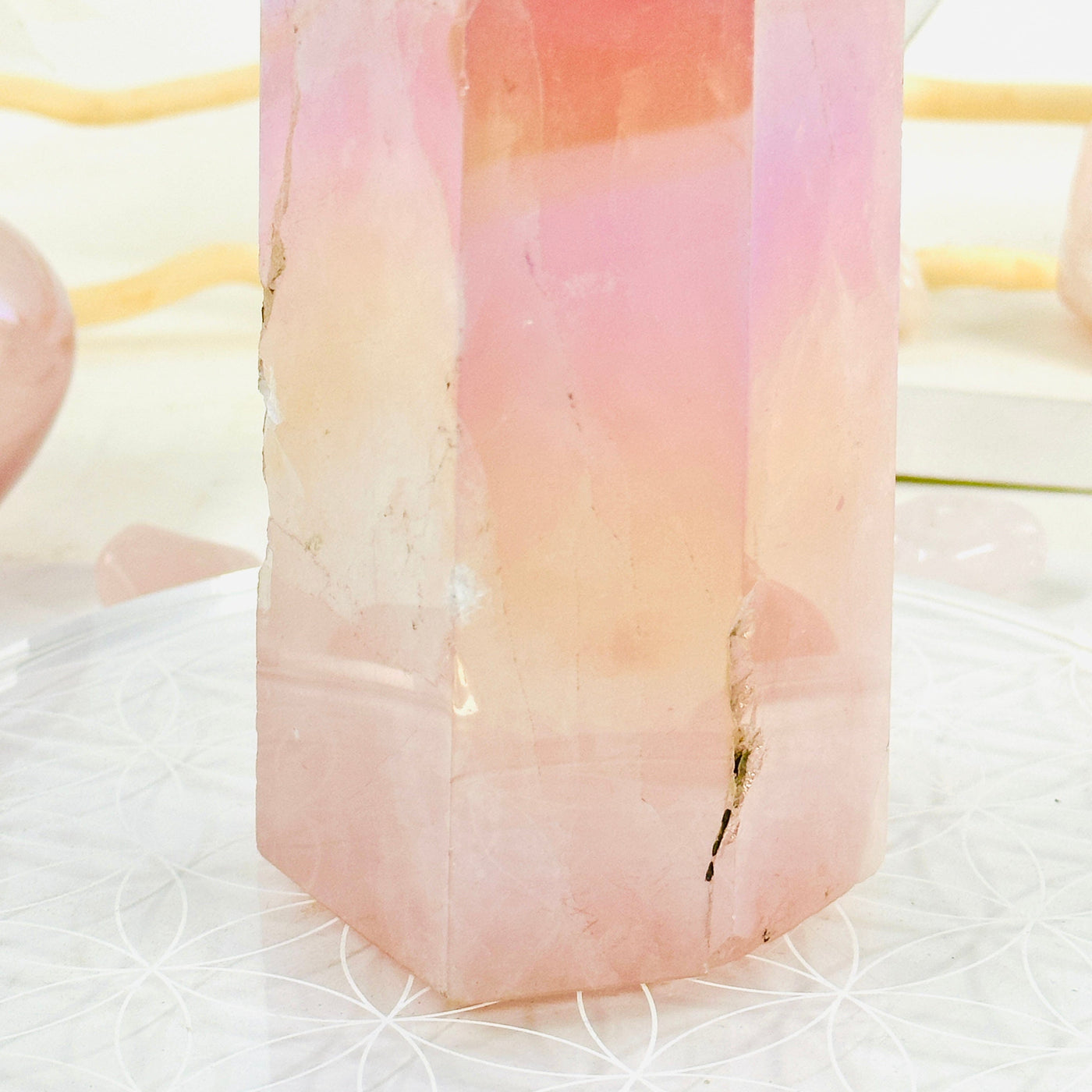Angel Aura Rose Quartz Obelisk with Natural Inclusions closeup for detail of natural inclusions