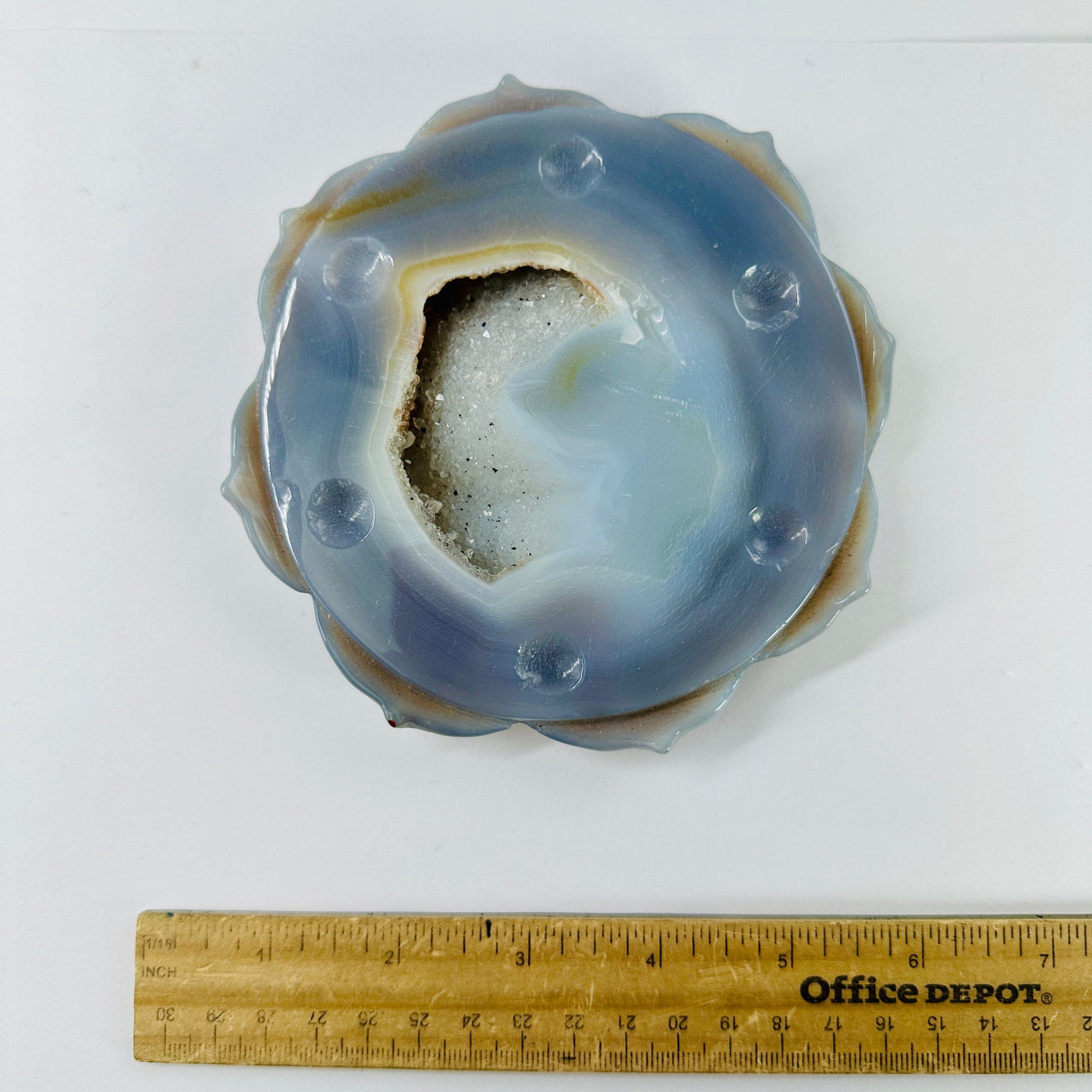 Natural Agate - Carved Polished Crystal Flower Coaster with ruler for size reference