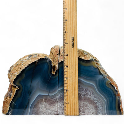 Large Blue Dyed Agate Bookend with a ruler for size reference.