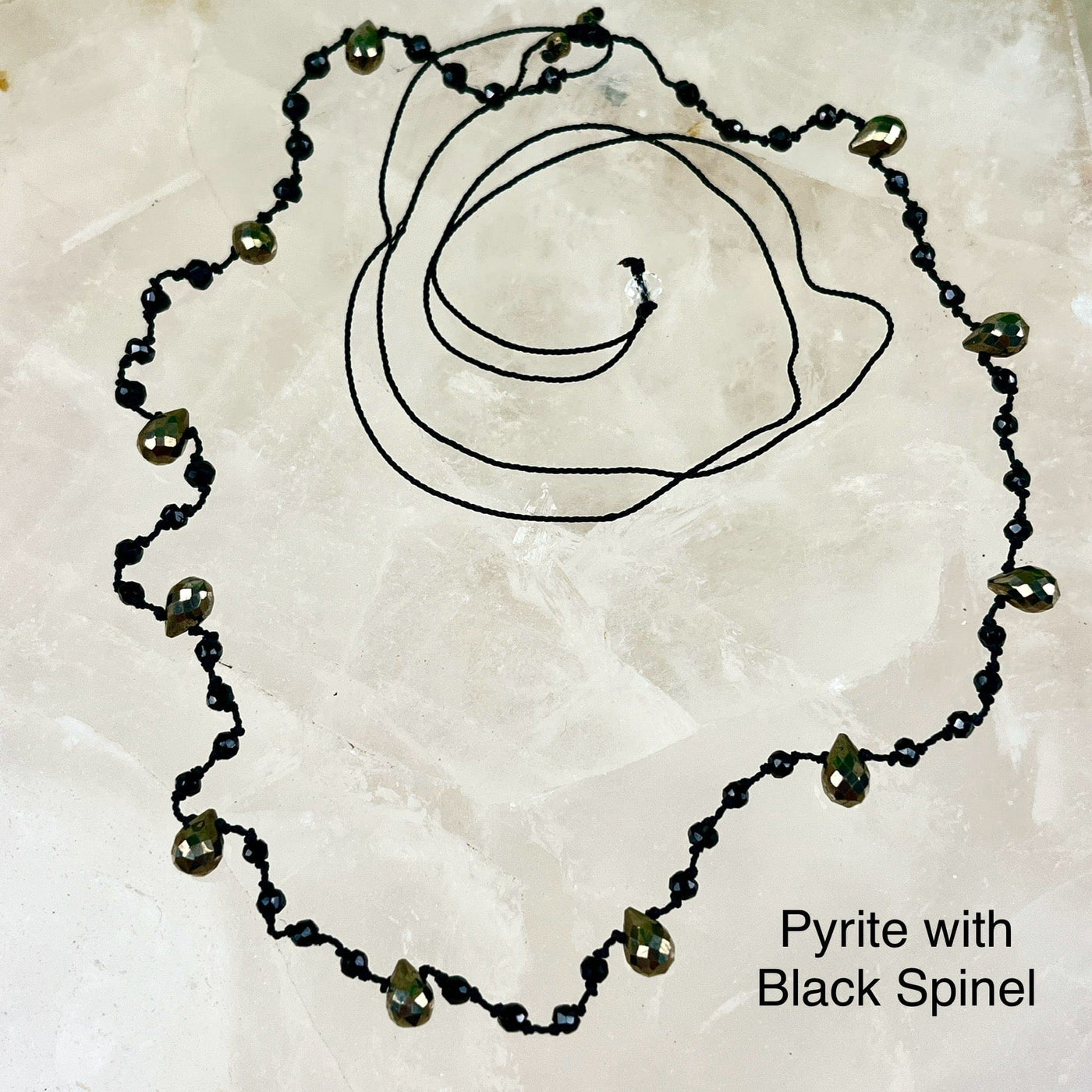 Gemstone Knotted Necklace - Adjustable - 16" - 30" pyrite with black spinel necklace labeled