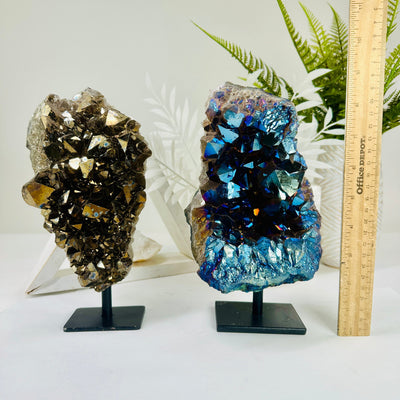 Amethyst Titanium Cluster on Stand - You Choose variants E F next to ruler for size reference