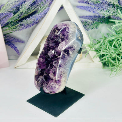Amethyst Cluster on Metal Stand - Polished Crystal Cluster side view