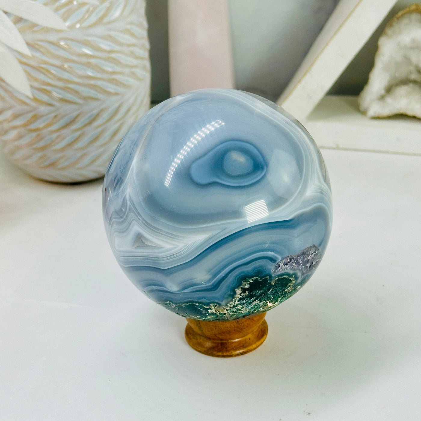 Natural Agate Druzy Sphere - Crystal Ball - OOAK on sphere stand side view