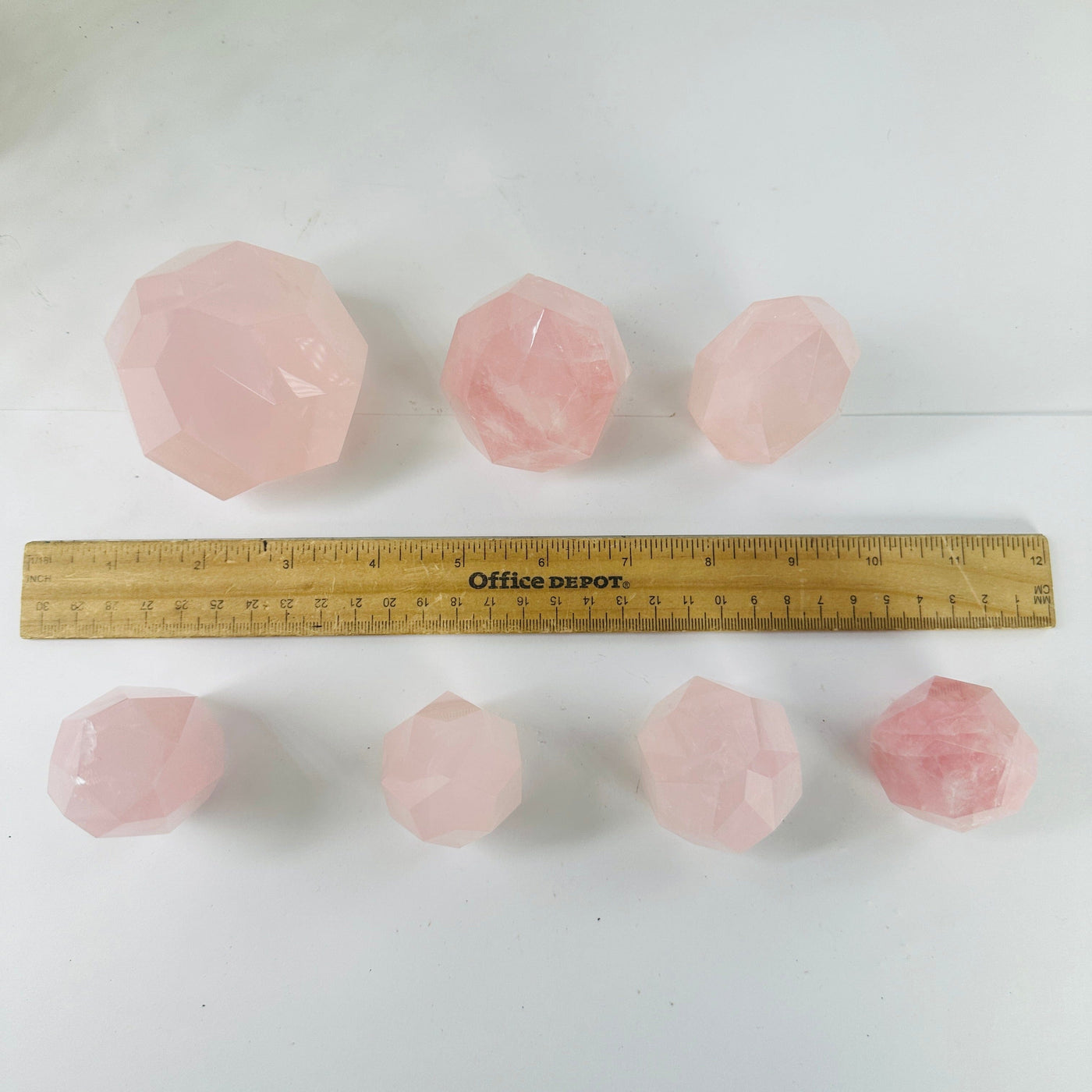  Rose Quartz Faceted Crystal Egg Point - You Choose - all variants top view with ruler for size reference