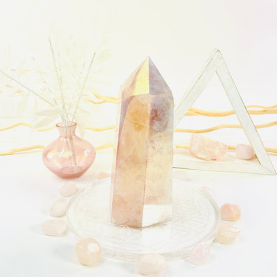 Angel Aura Rose Quartz Polished Point with Natural Inclusions side view