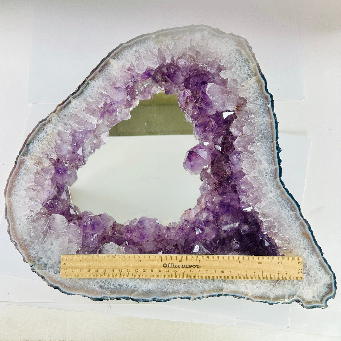 Amethyst Mirror - Large Crystal Mirror top view with ruler for size reference