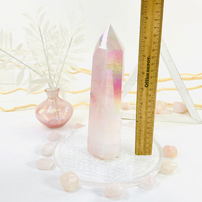 Angel Aura Rose Quartz Tower with Natural Inclusions next to ruler for size reference