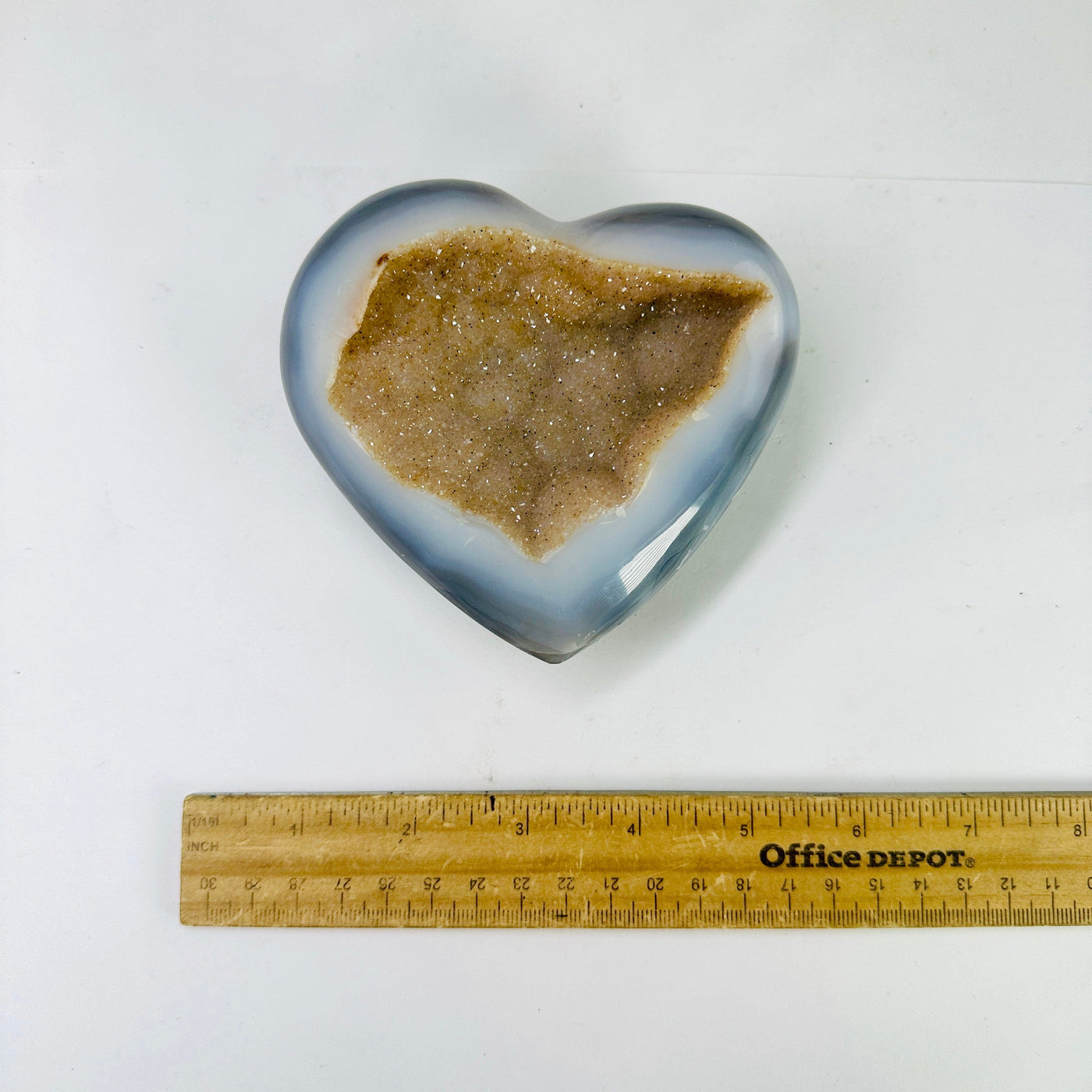Agate Geode Heart with Druzy - Polished Crystal Heart top view with ruler for size reference