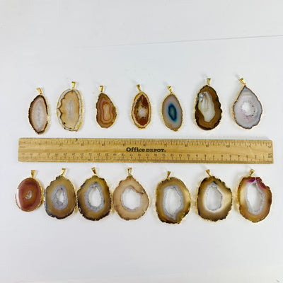 Agate Slice - Gold Electroplated Pendant with Gold Bail - You Choose all pendants next to ruler for size reference