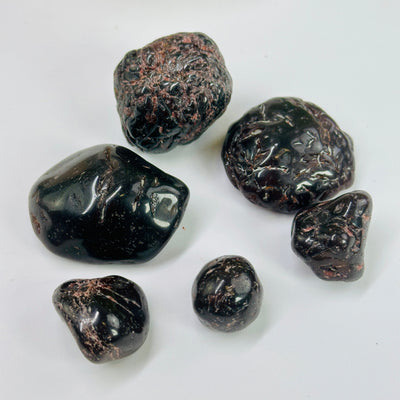 Garnet 1/2 lb bag Tumbled Nuggets - Mixed Sizes - Deep Red Rough Stones different stones top view on white background