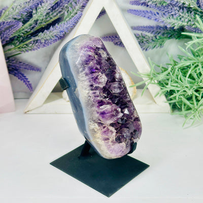 Amethyst Cluster on Metal Stand - Polished Crystal Cluster side view