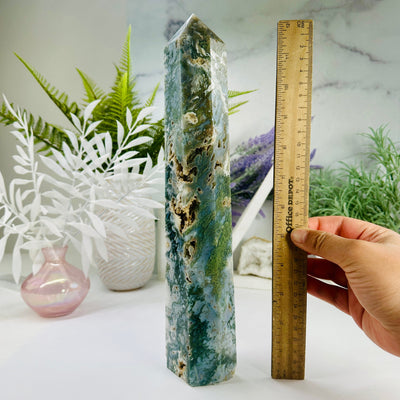 Moss Agate Obelisk - OOAK next to ruler for size reference