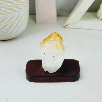 Citrine Point on Wooden Base back view