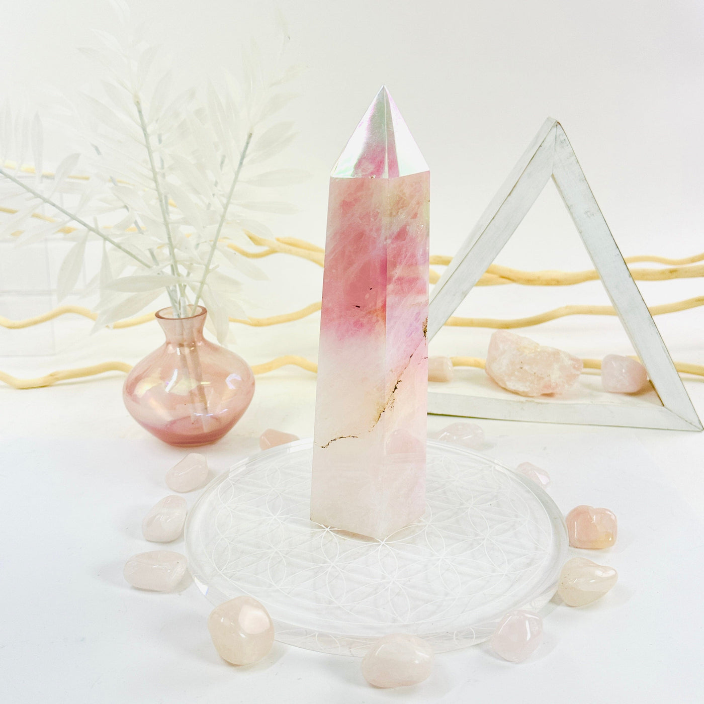 Angel Aura Rose Quartz Tower with Natural Inclusions side view