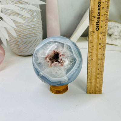 Natural Agate Druzy Sphere - Crystal Ball - OOAK on sphere stand next to ruler for size reference