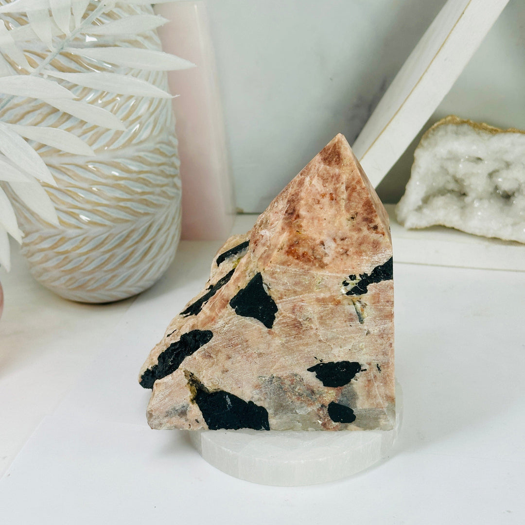 Semi polished feldspar point high quality with black tourmaline