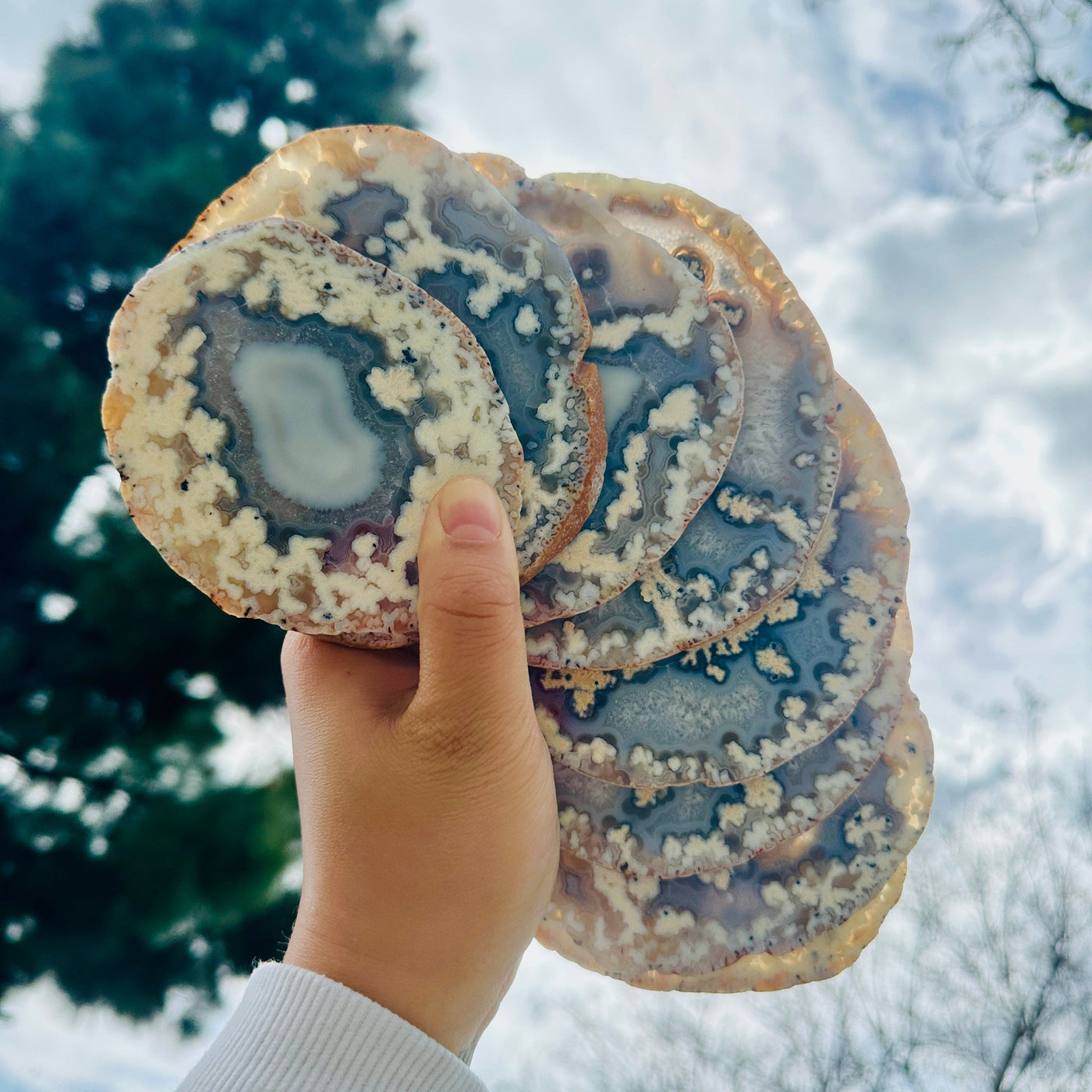 Agate Slice Set - Set of Eight Agate Crystals in hand with sky and trees in background