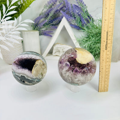 Amethyst Agate Crystal Sphere with Calcite - You Choose variants A B with ruler for size reference