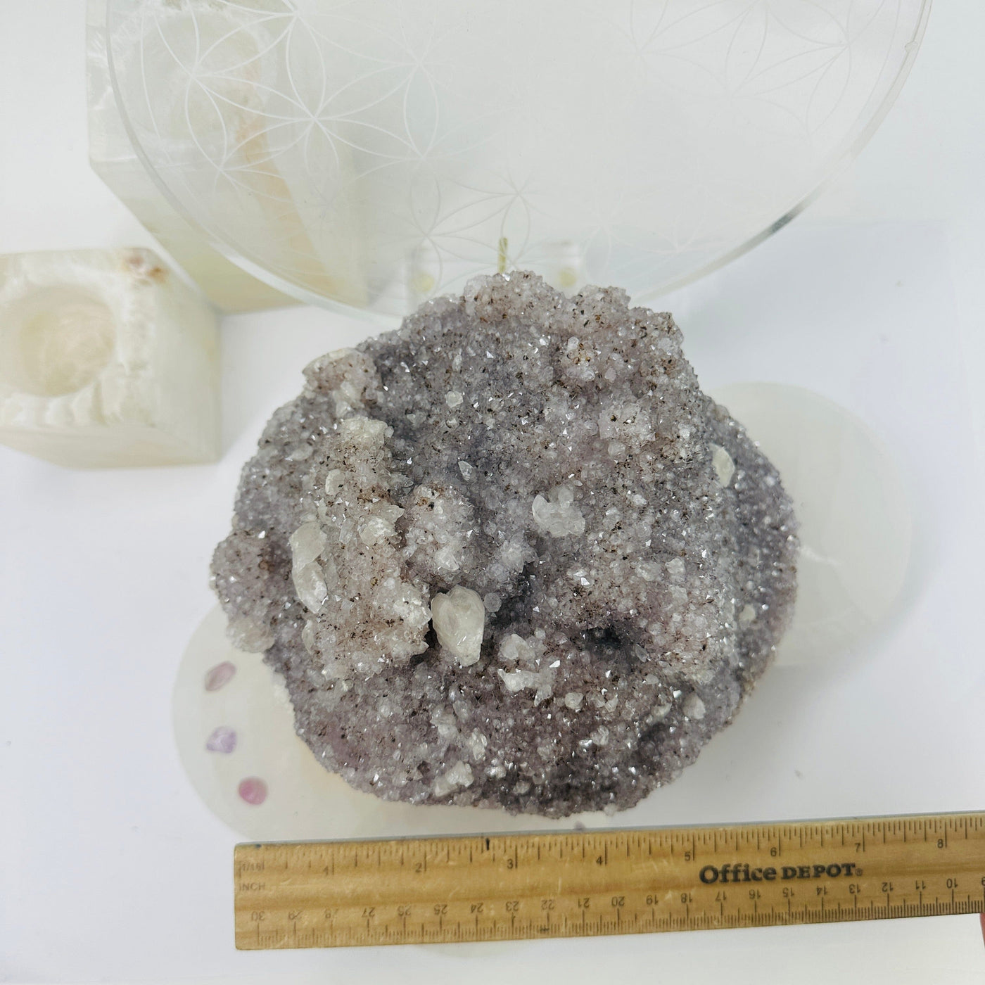 Raw Amethyst Cluster with Mica - light purple amethyst with mica and calcite top view with ruler for size reference
