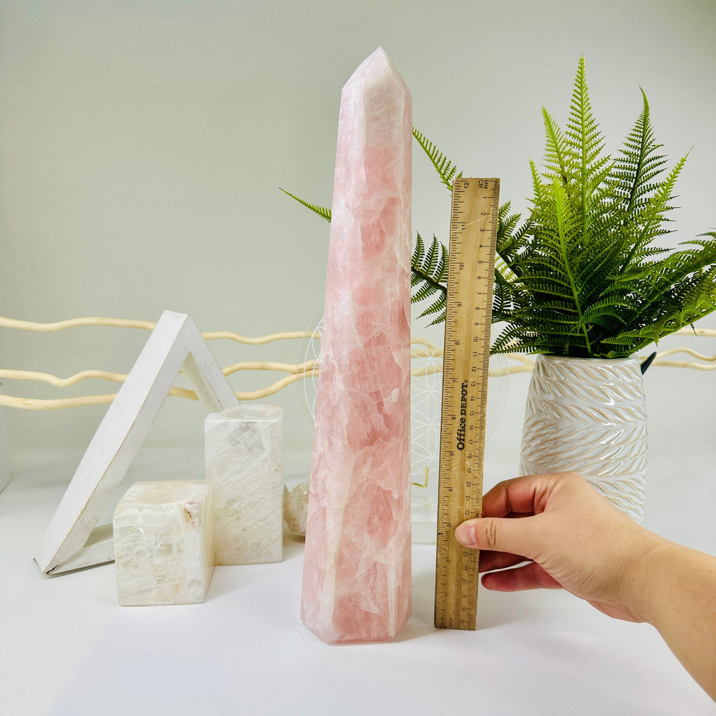 Rose Quartz Polished Crystal Tower - OOAK with hand and ruler for size reference